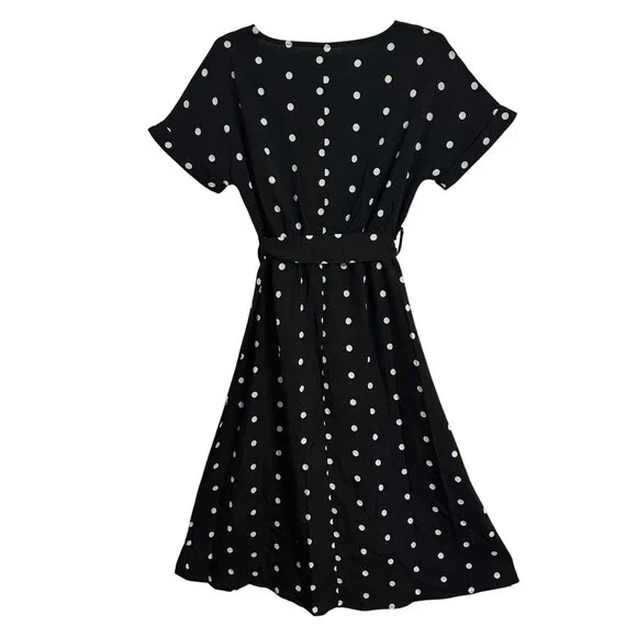 Black Polka Dot Button-Skirt Belted Midi Dress Business Career Academia SZ M - Picture 3 of 4